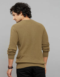 Dark Olive Round Neck Full Sleeves Flatknit