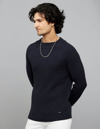 Navy High Neck Full Sleeves Flatknit