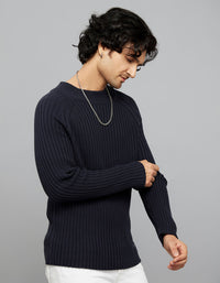 Navy High Neck Full Sleeves Flatknit