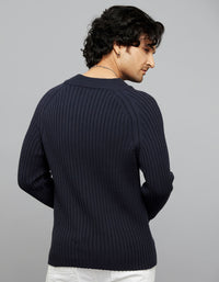 Navy High Neck Full Sleeves Flatknit