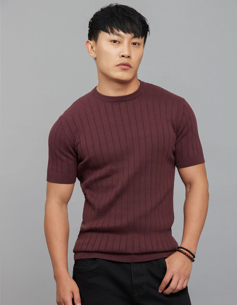 Wine Round Neck Half Sleeves Flatknit
