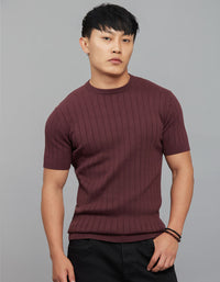 Wine Round Neck Half Sleeves Flatknit