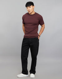 Wine Round Neck Half Sleeves Flatknit