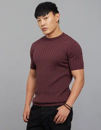 Wine Round Neck Half Sleeves Flatknit