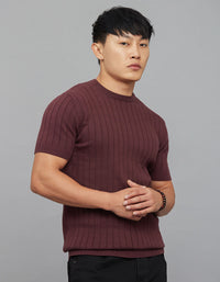 Wine Round Neck Half Sleeves Flatknit