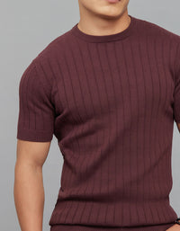 Wine Round Neck Half Sleeves Flatknit