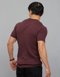 Wine Round Neck Half Sleeves Flatknit