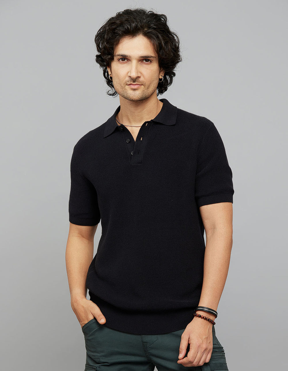 Jet Black Polo Neck Half Sleeves Flatknit Half Button Front