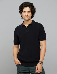Jet Black Polo Neck Half Sleeves Flatknit Half Button Front