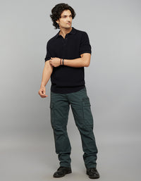 Jet Black Polo Neck Half Sleeves Flatknit Half Button Front