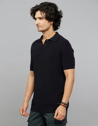 Jet Black Polo Neck Half Sleeves Flatknit Half Button Front