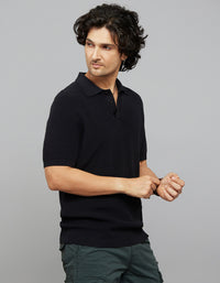 Jet Black Polo Neck Half Sleeves Flatknit Half Button Front