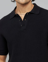 Jet Black Polo Neck Half Sleeves Flatknit Half Button Front