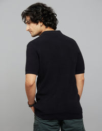 Jet Black Polo Neck Half Sleeves Flatknit Half Button Front