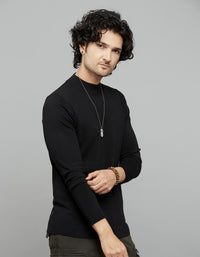 Jet Black Round Neck Full Sleeves Flatknit