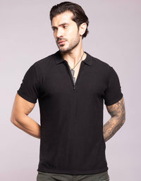 Jet Black Half Sleeves Flatknit Polo Tee