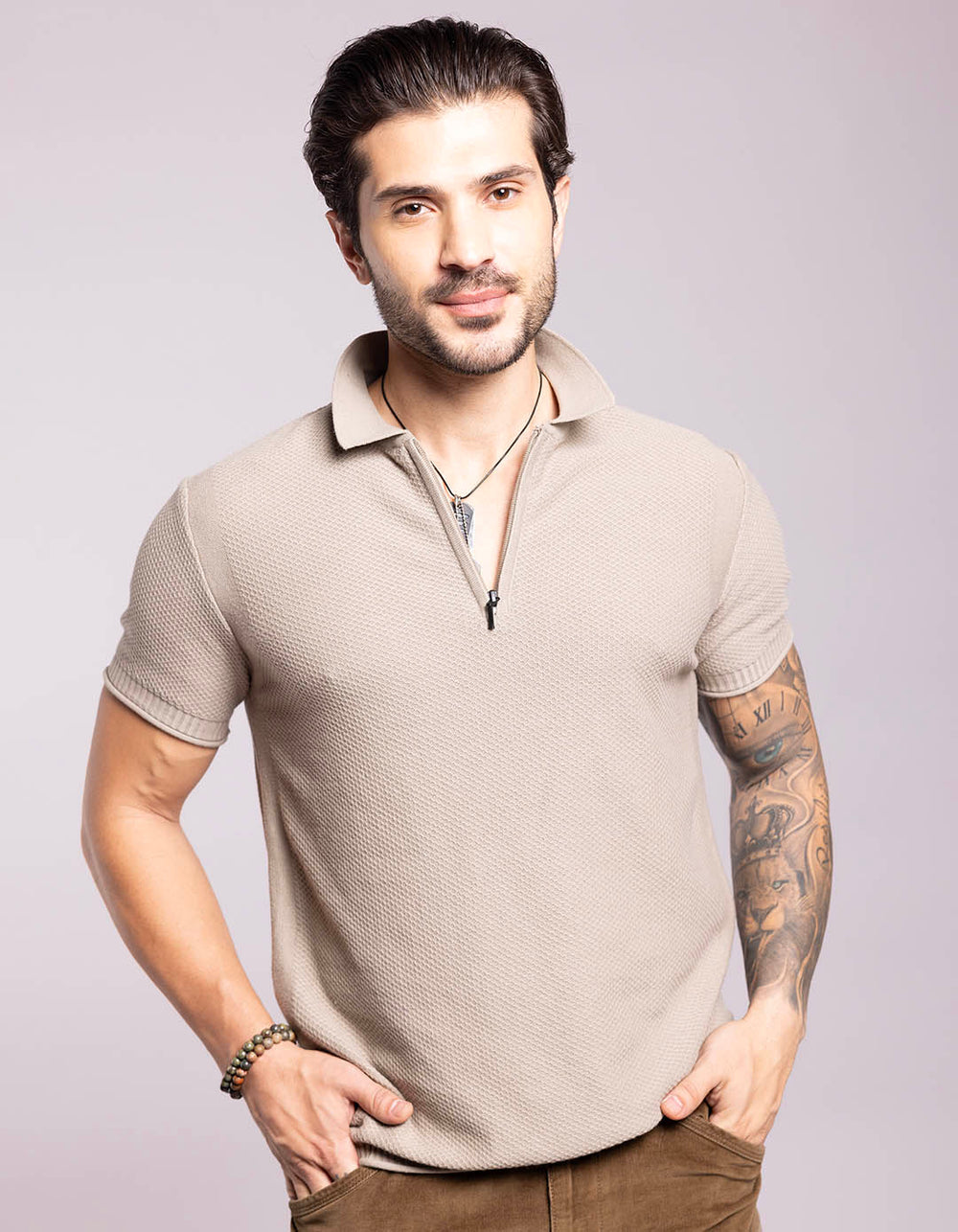 Lt Olive Half Sleeves Flatknit Polo Tee