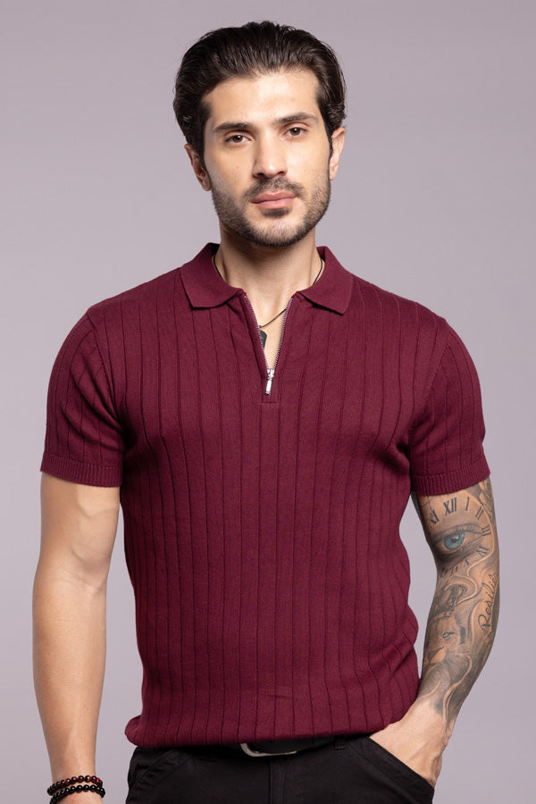 Wine Half Sleeve Flatknit Polo Tee