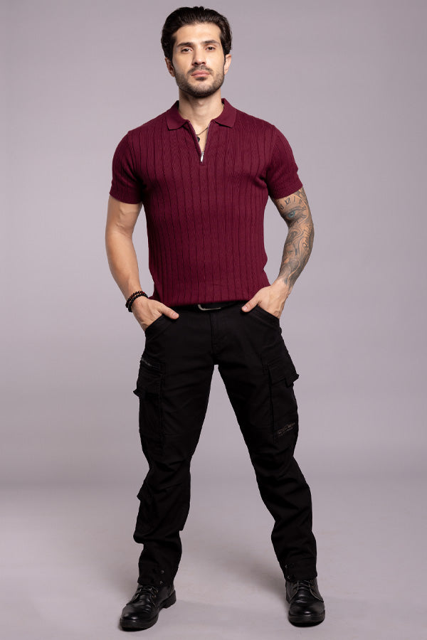 Wine Half Sleeve Flatknit Polo Tee