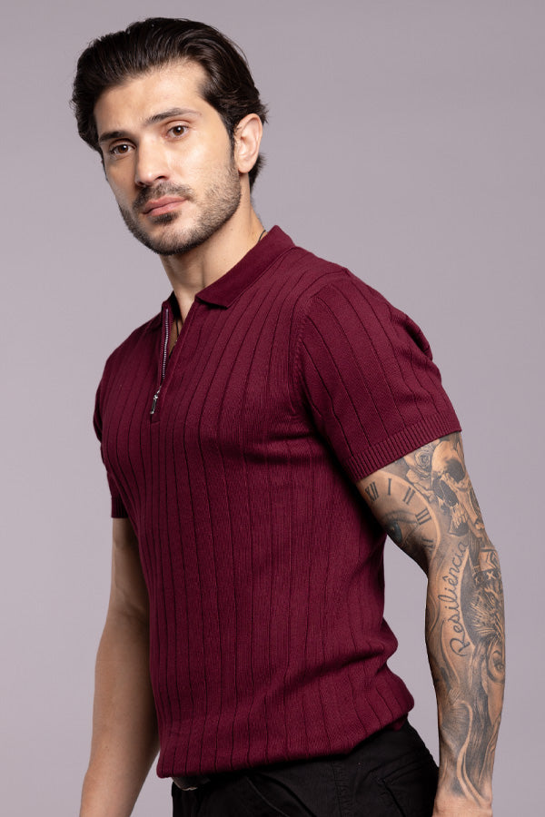 Wine Half Sleeve Flatknit Polo Tee