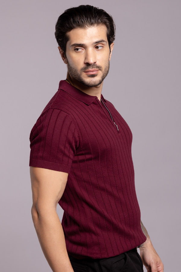 Wine Half Sleeve Flatknit Polo Tee