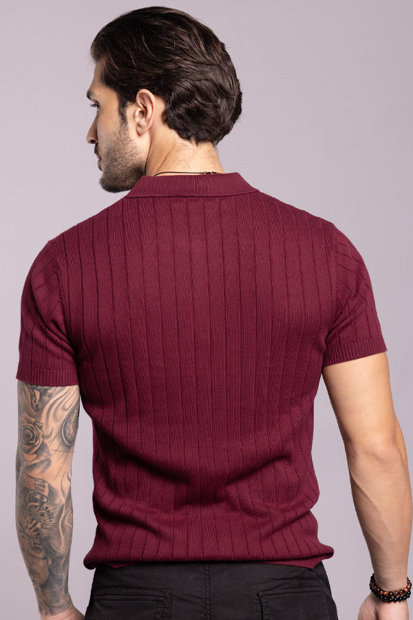 Wine Half Sleeve Flatknit Polo Tee