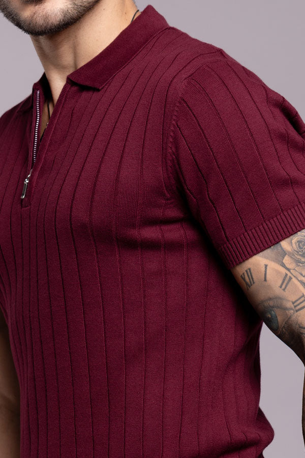Wine Half Sleeve Flatknit Polo Tee