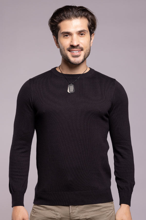 Jet Black Round Neck Flatknit Tee