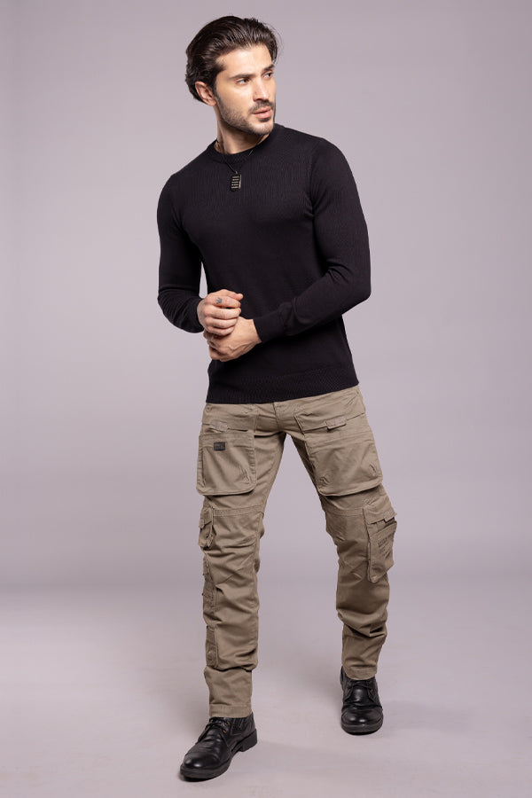 Jet Black Round Neck Flatknit Tee