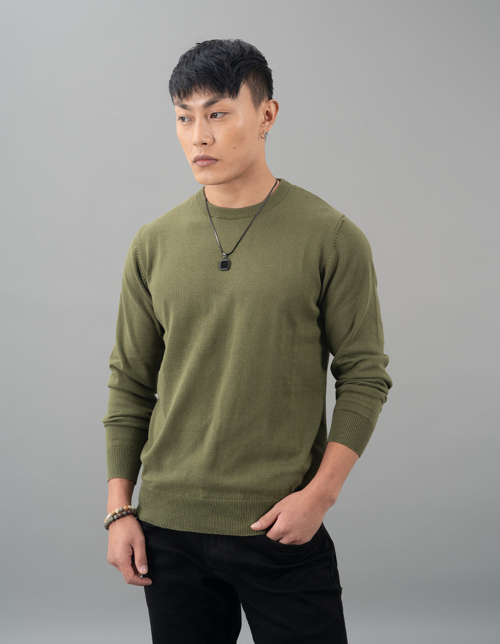 Dk Olive Round Neck Flatknit Tee