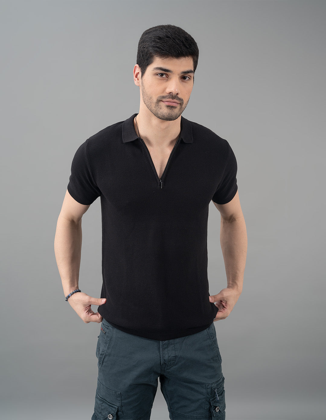 Jet Black Half Sleeves Flatknit Polo Tee