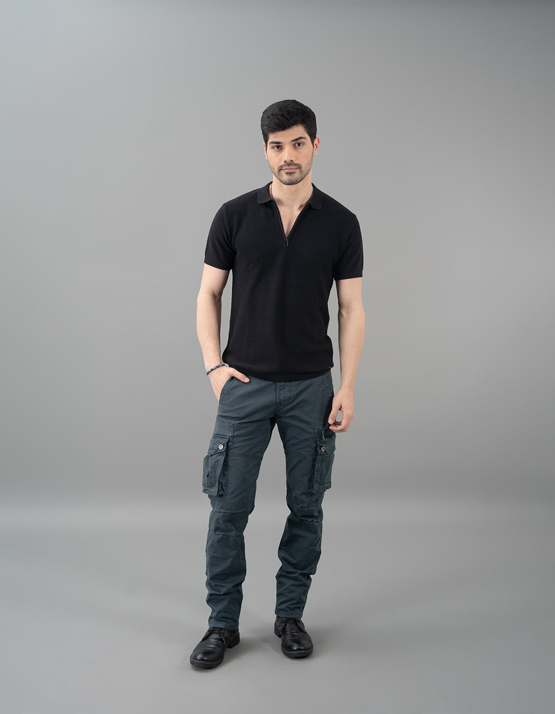 Jet Black Half Sleeves Flatknit Polo Tee