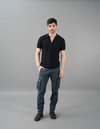 Jet Black Half Sleeves Flatknit Polo Tee