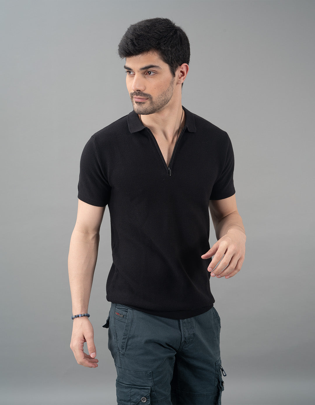 Jet Black Half Sleeves Flatknit Polo Tee