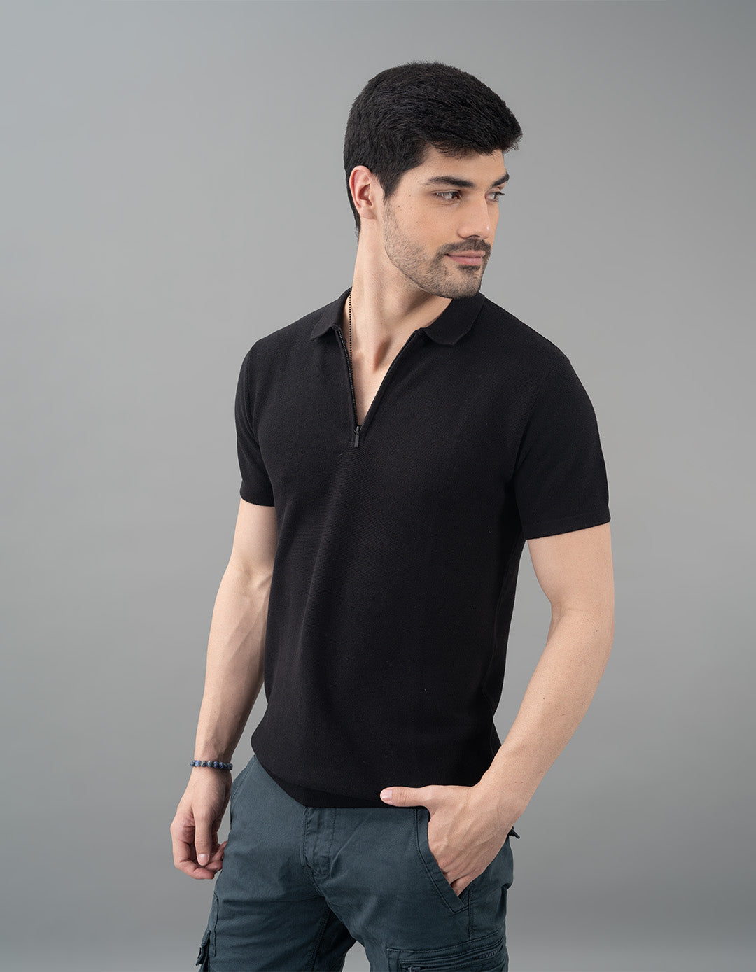 Jet Black Half Sleeves Flatknit Polo Tee