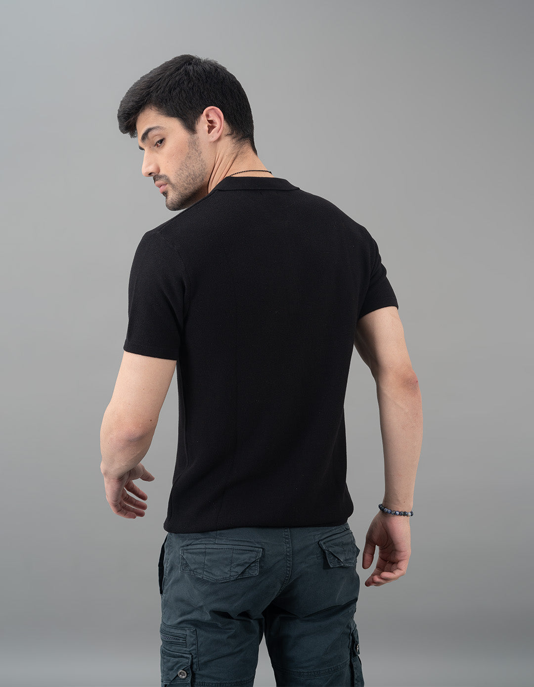 Jet Black Half Sleeves Flatknit Polo Tee