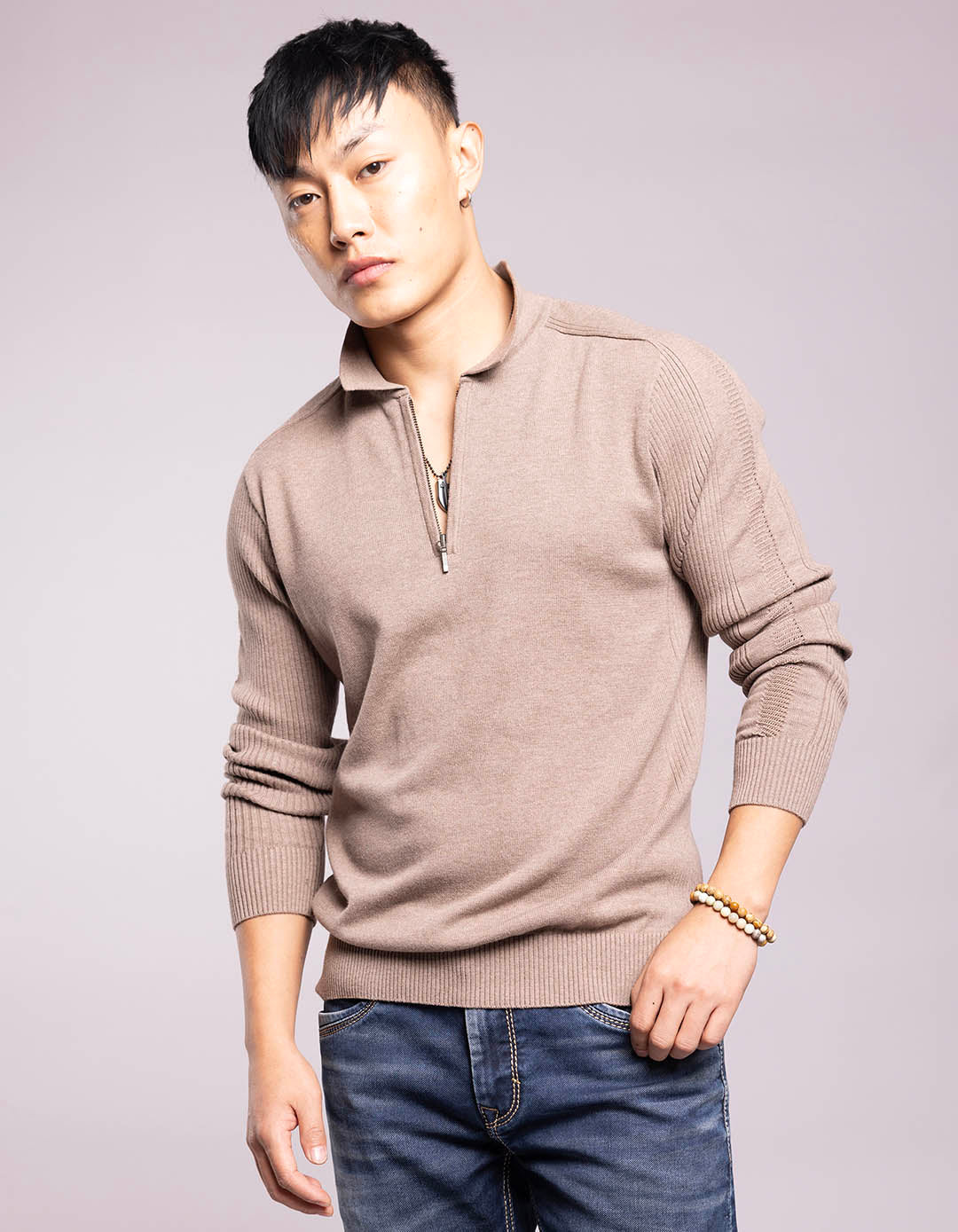Sand Melange Full Sleeves Flatknit Polo Tee