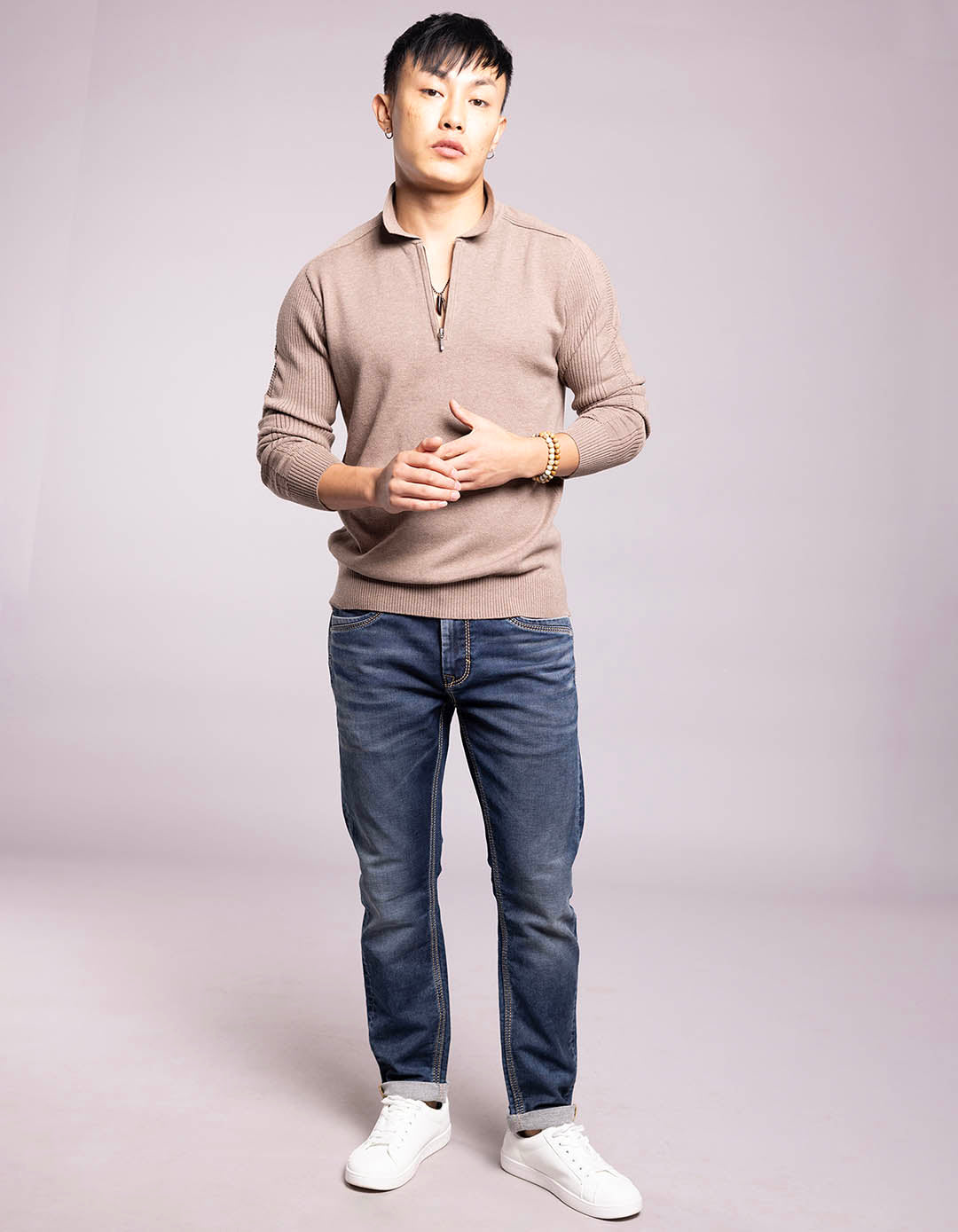 Sand Melange Full Sleeves Flatknit Polo Tee