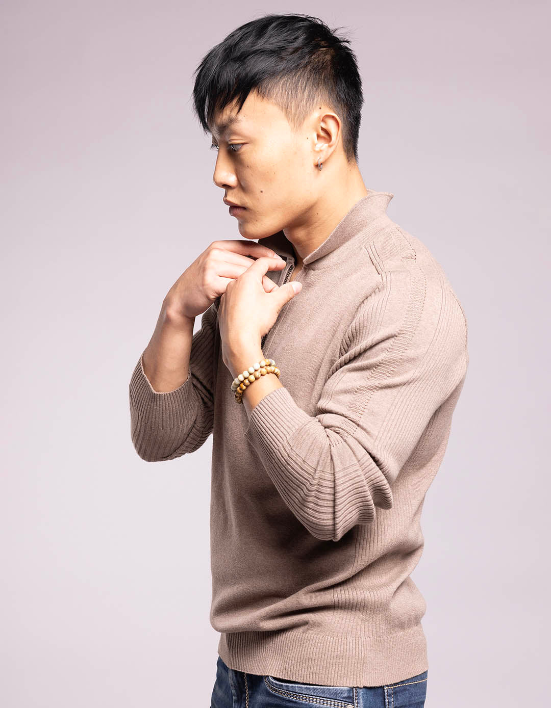 Sand Melange Full Sleeves Flatknit Polo Tee