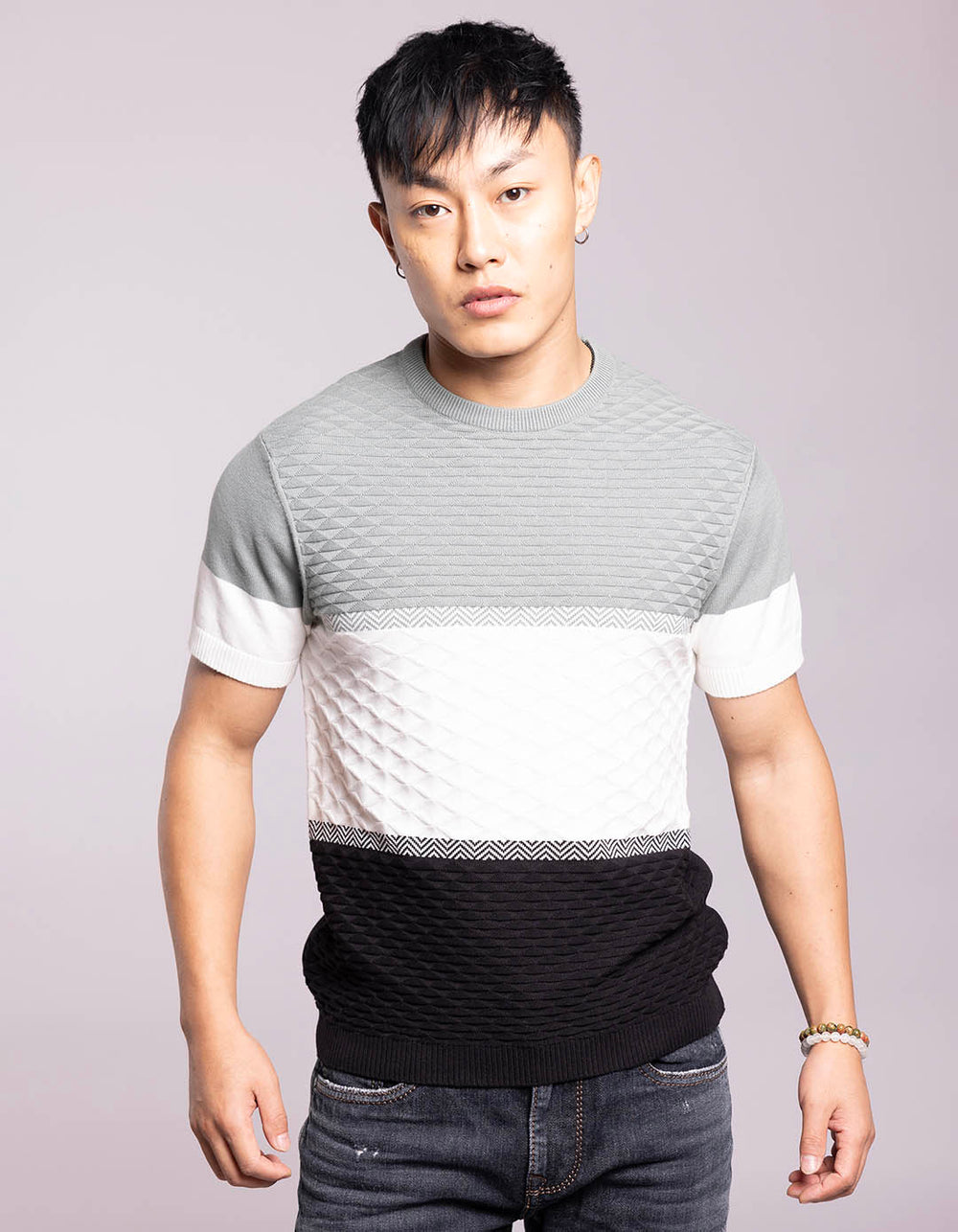 Pista Green White Round Neck Flatknit Tee