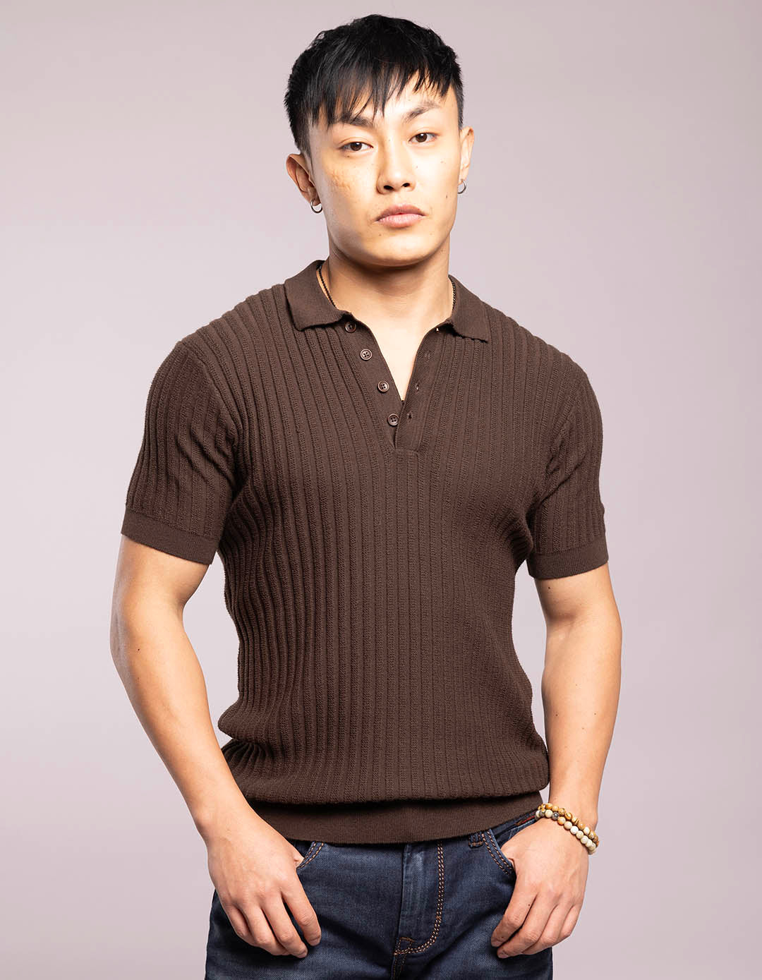 Dk Brown Half Sleeves Flatknit Polo Tee