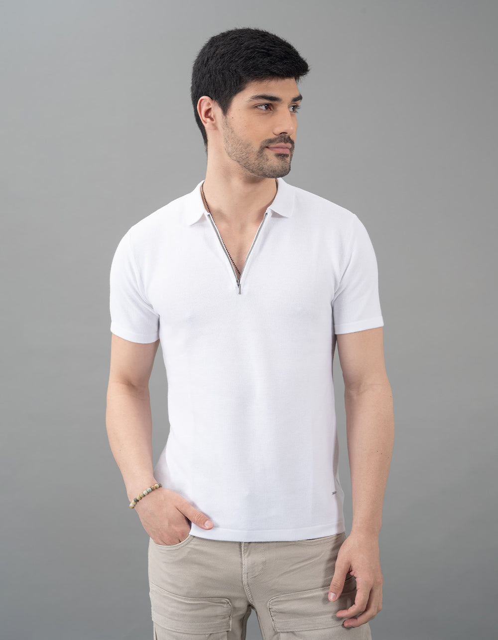 White Half Sleeves Flatknit Polo Tee