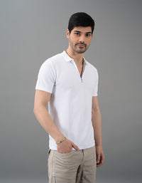 White Half Sleeves Flatknit Polo Tee
