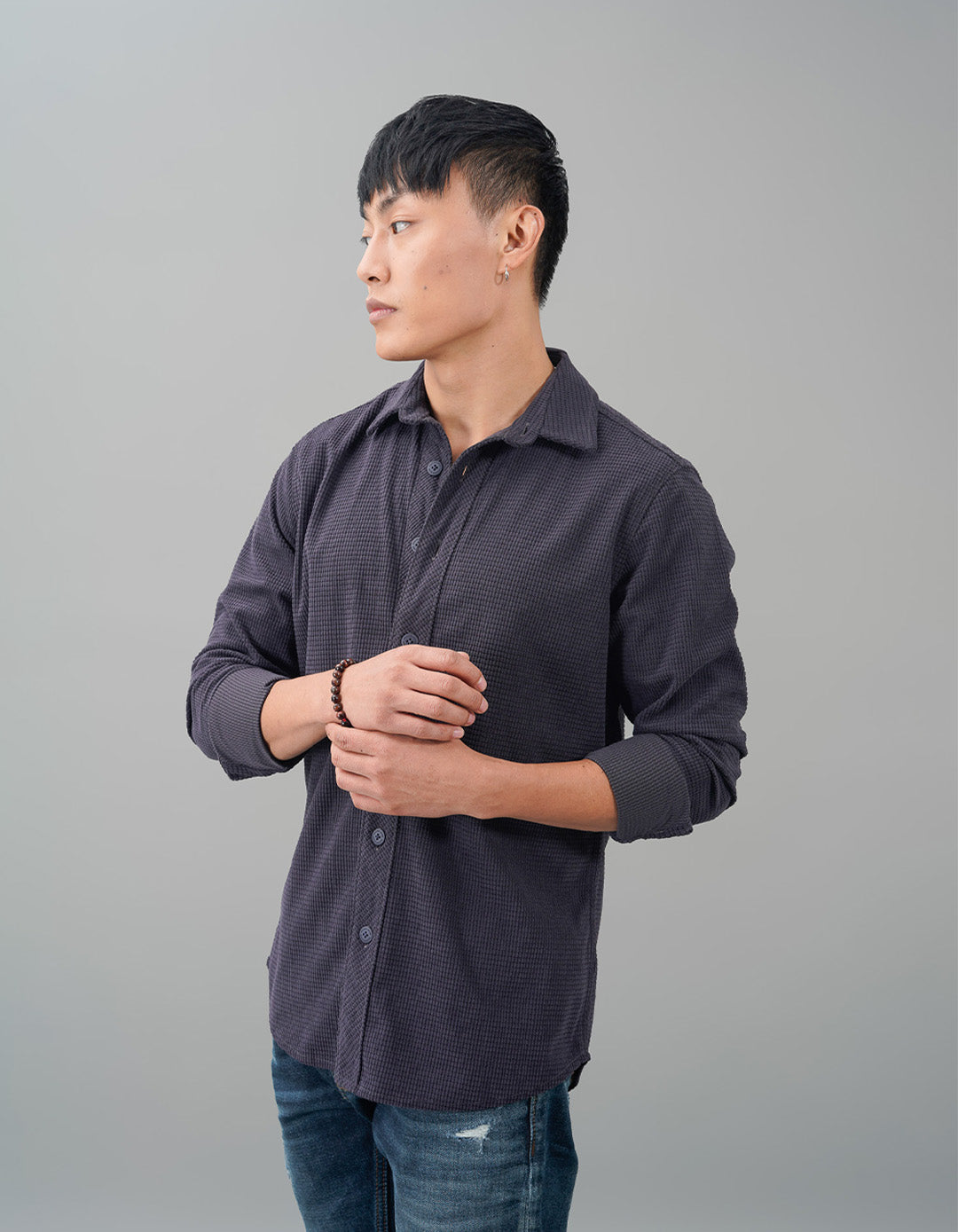 Charcoal Full Sleeve Textured Waffle Shacket