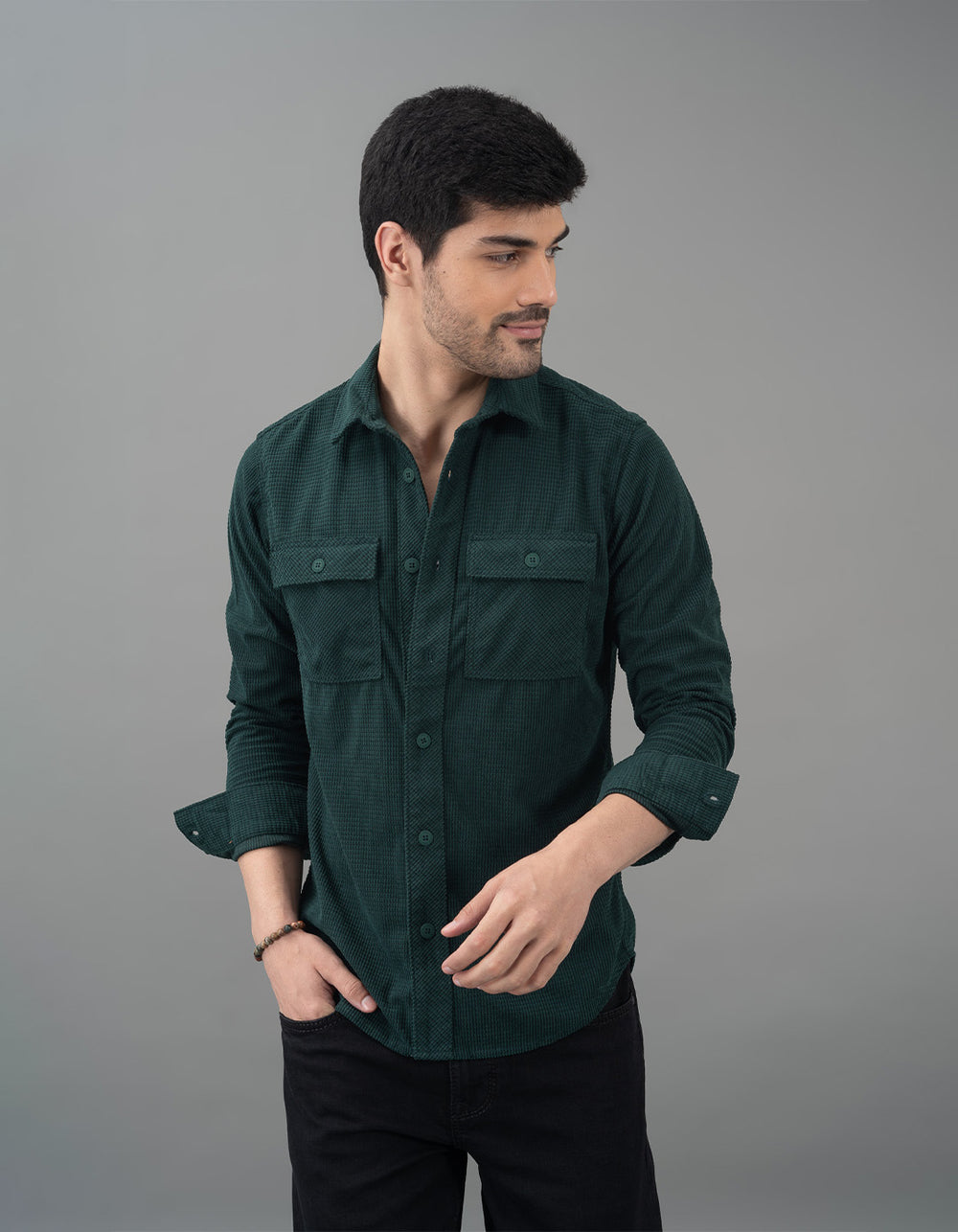 Bottle Green Full Sleeve Textured Waffle Shacket
