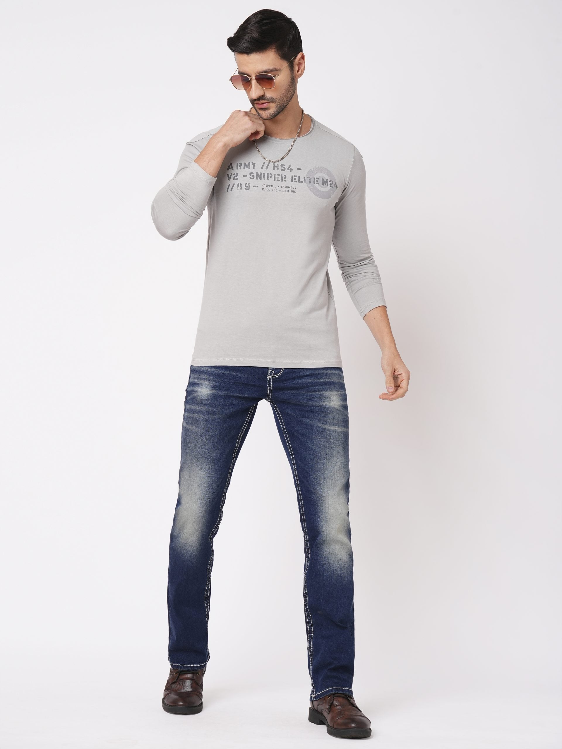 Grey Full Sleeve Round Neck Tee (R Neck F/Slv Slim)