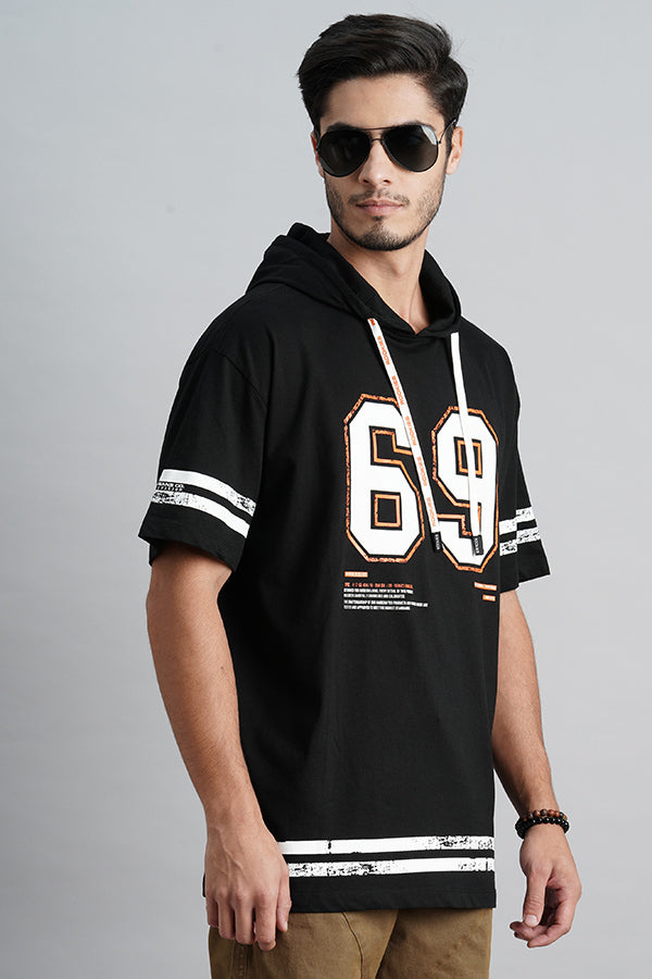 Black Half Sleeve Oversized Hoodie Tee (Oversized Tee H/Slv Slim)