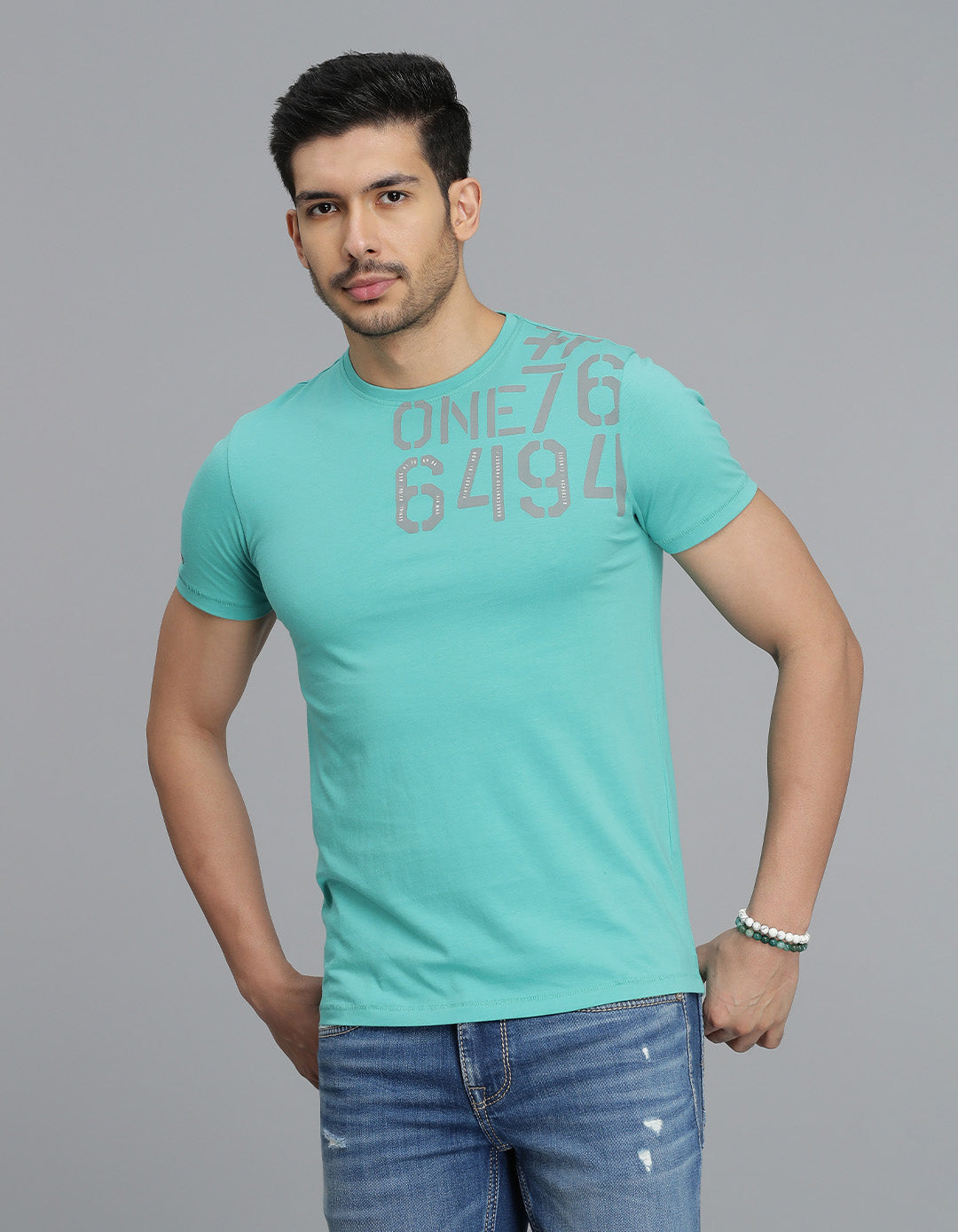 Blue Green Half Sleeves Round Neck Tee