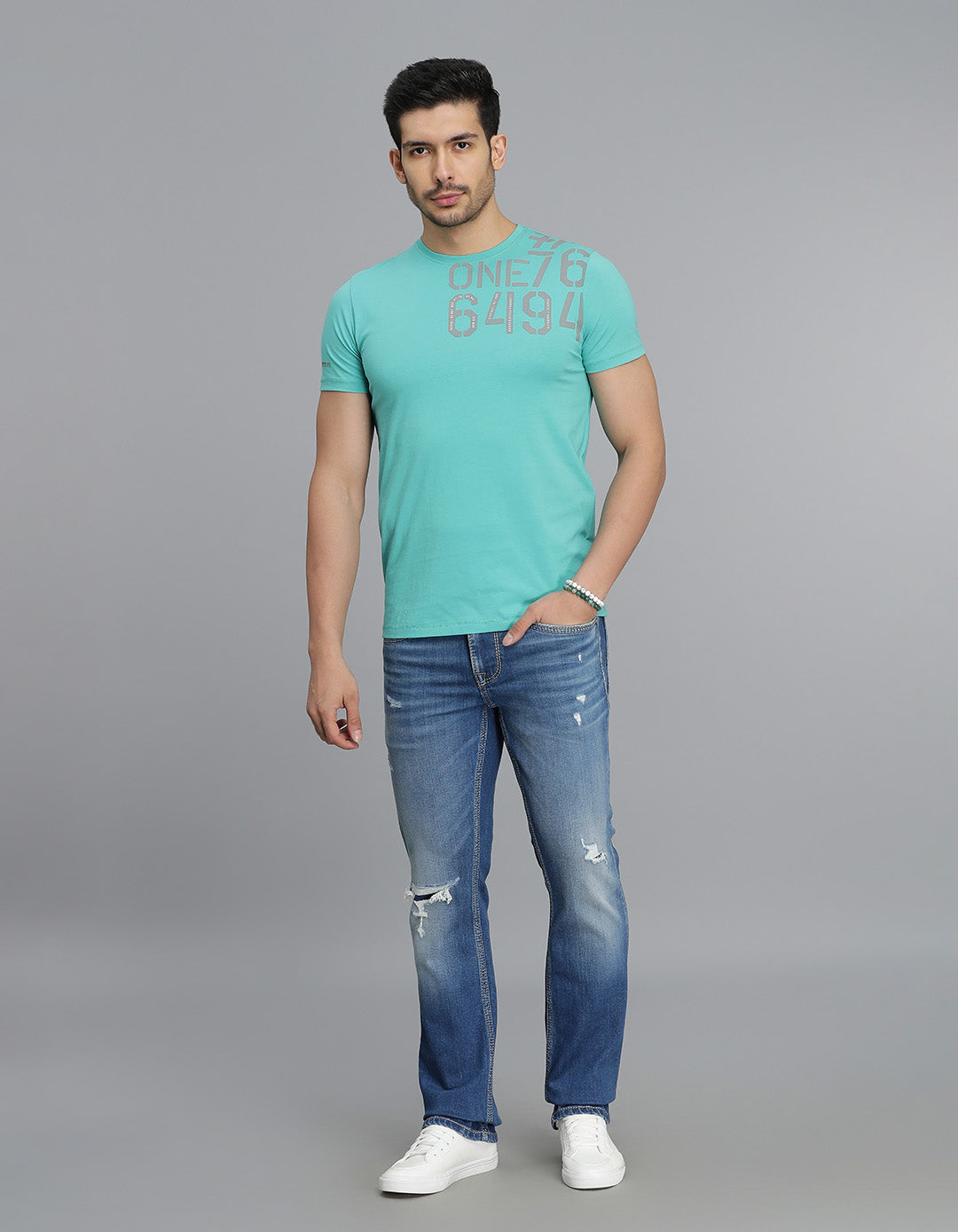 Blue Green Half Sleeves Round Neck Tee