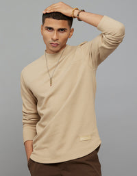 Beige Round Neck Full Sleeves Sweatshirt